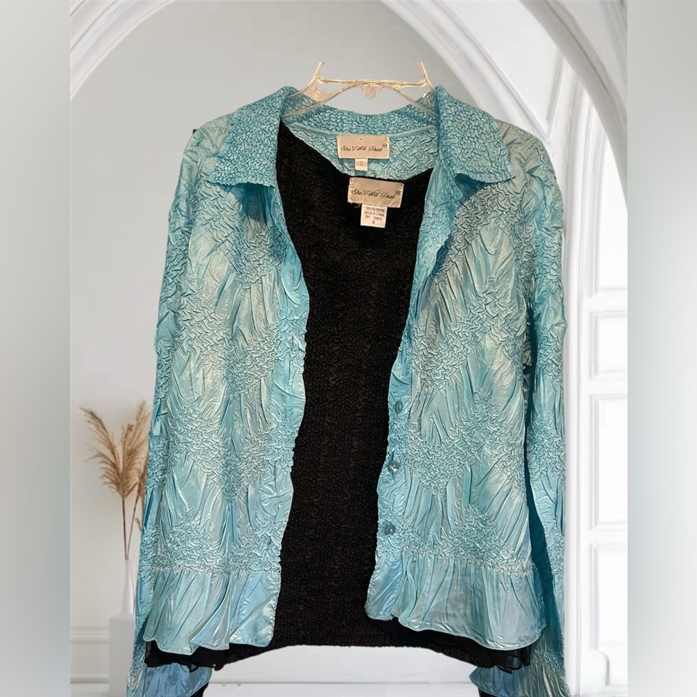 She’s All That Light Blue Crinkle 2-Piece Blouse Set